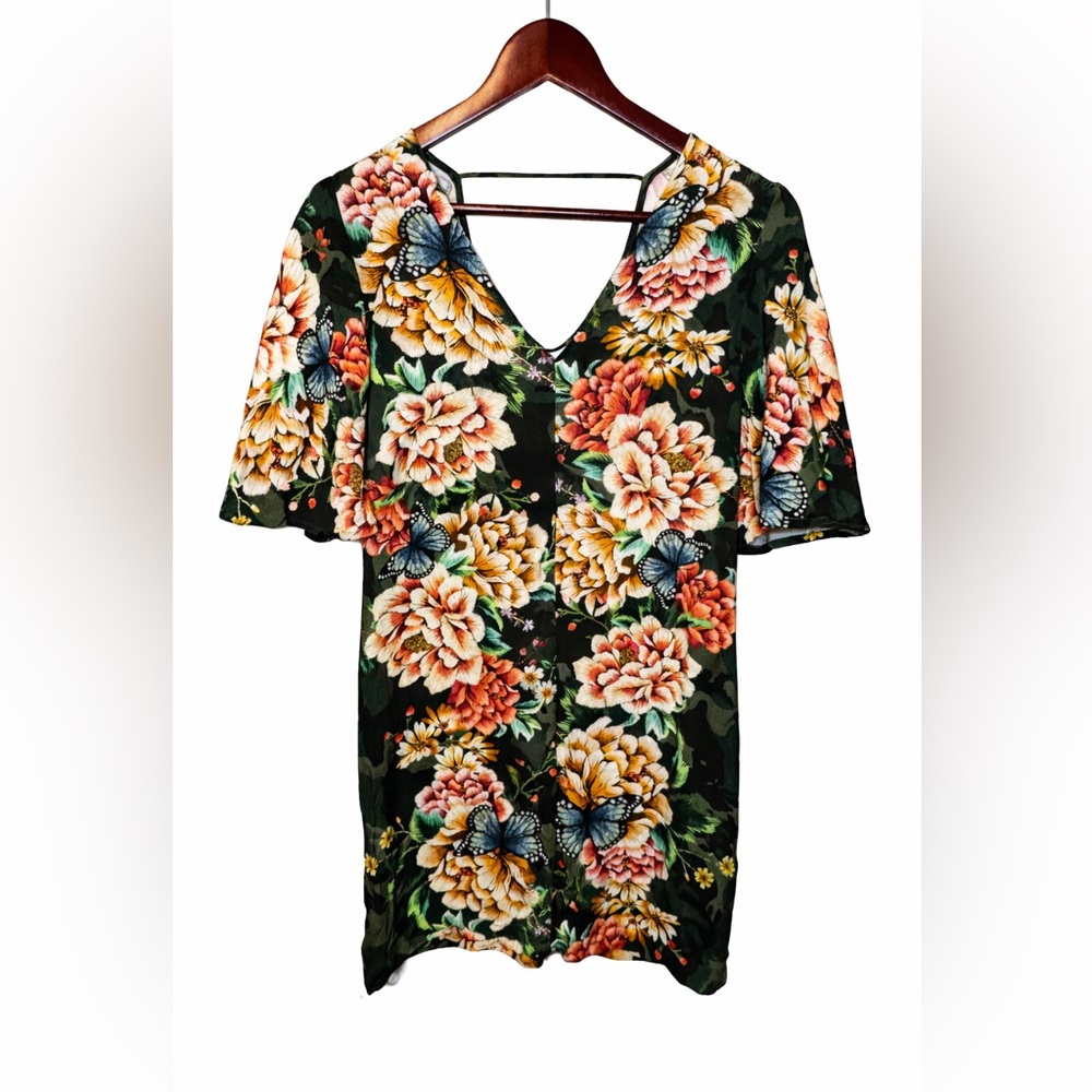 Farm Rio Camo Floral Butterfly Mini Dress Size S EUC Brazilian Beach Boho - Picture 2 of 7
